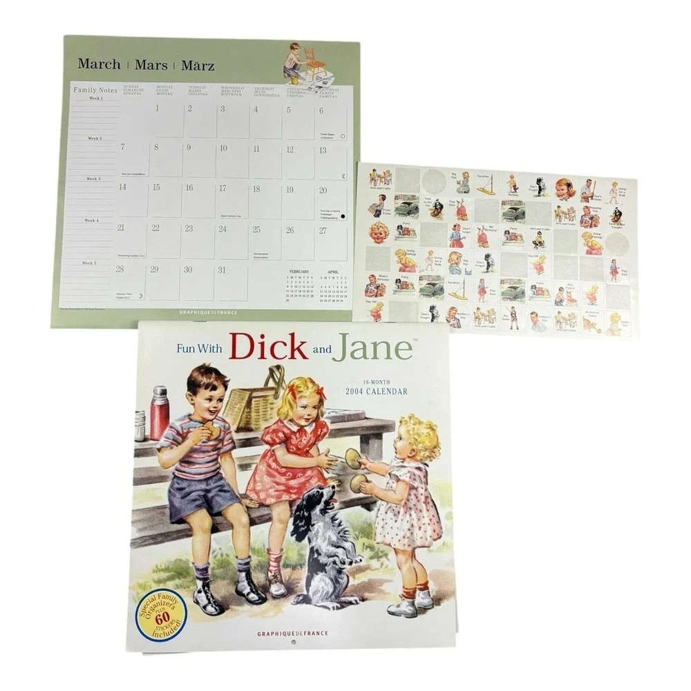 2004‎ Fun with Dick and Jane 16-Month Wall Calendar w/ Stickers Vintage